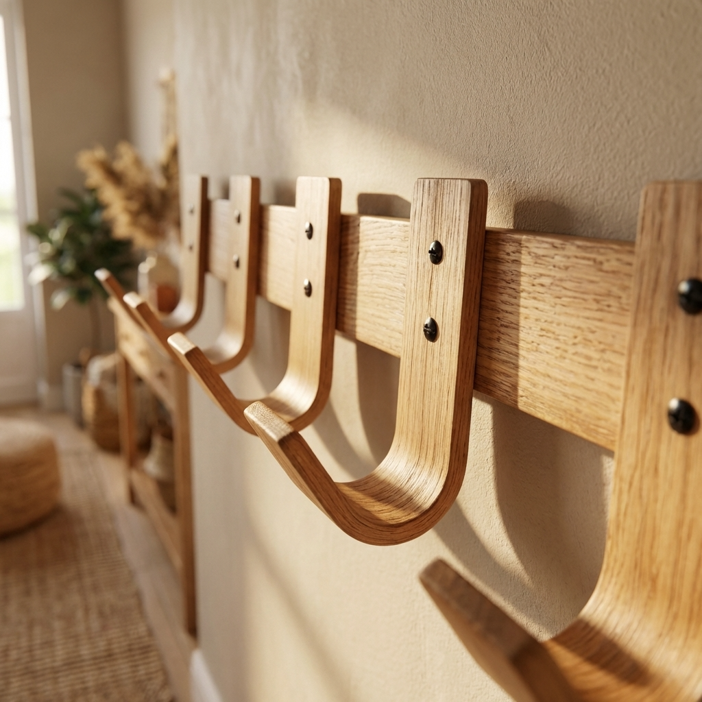 Front view of designer handcrafted steam-bent oak coat rack 