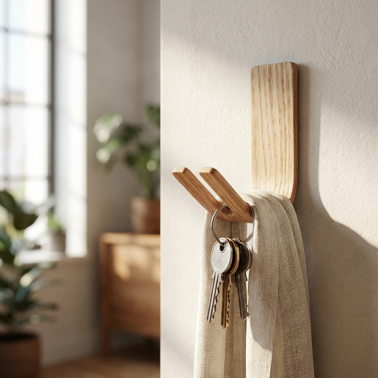 Oak adhesive key hook for wall minimalist wooden dog lead holder