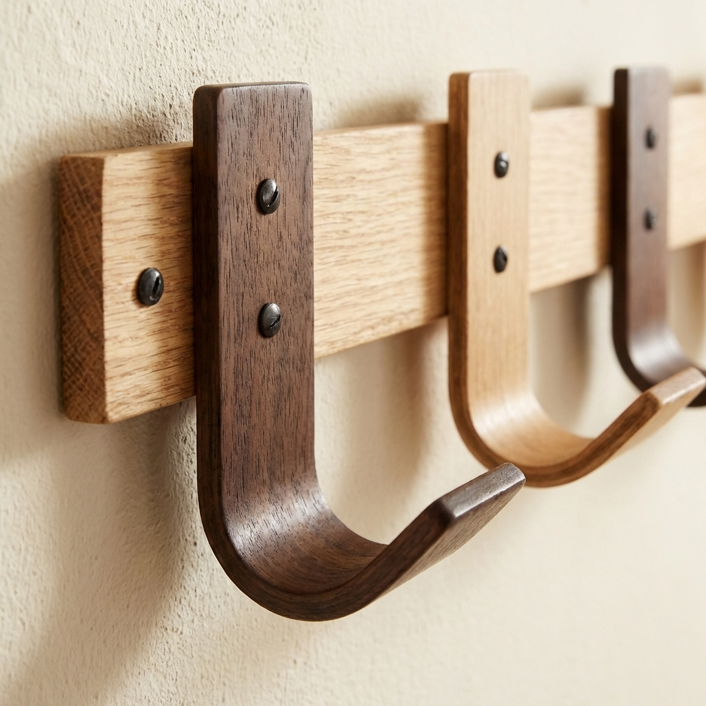 Hallway setup with oak coat rack and mixed hooks