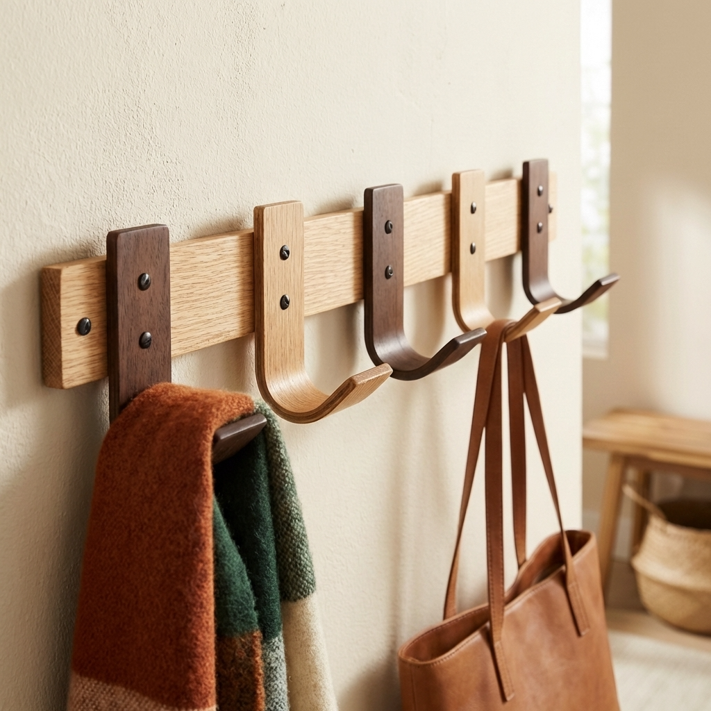 Oak coat rack with mixed hooks in hallway holding coats and accessories