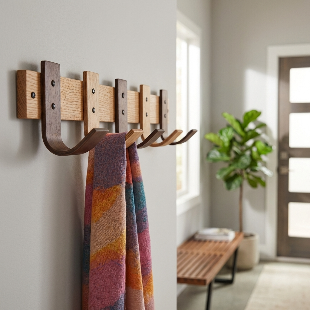 Mudroom with wall-mounted oak coat rack and mixed hooks