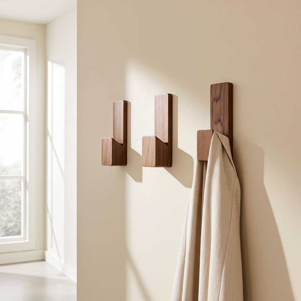 adhesive coat hooks on a beige wall with a window in the background