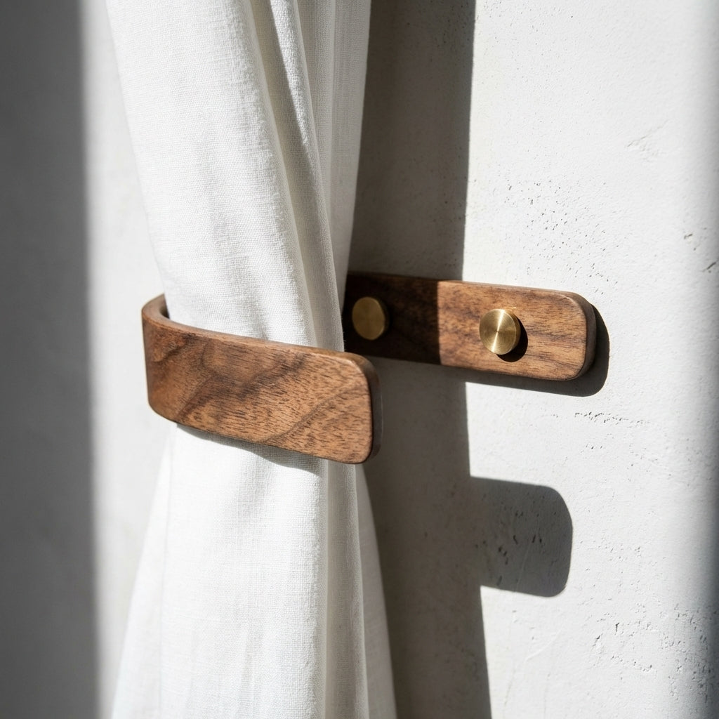Wooden curtain hook with brass hardware attached to a white curtain against a light gray wall.