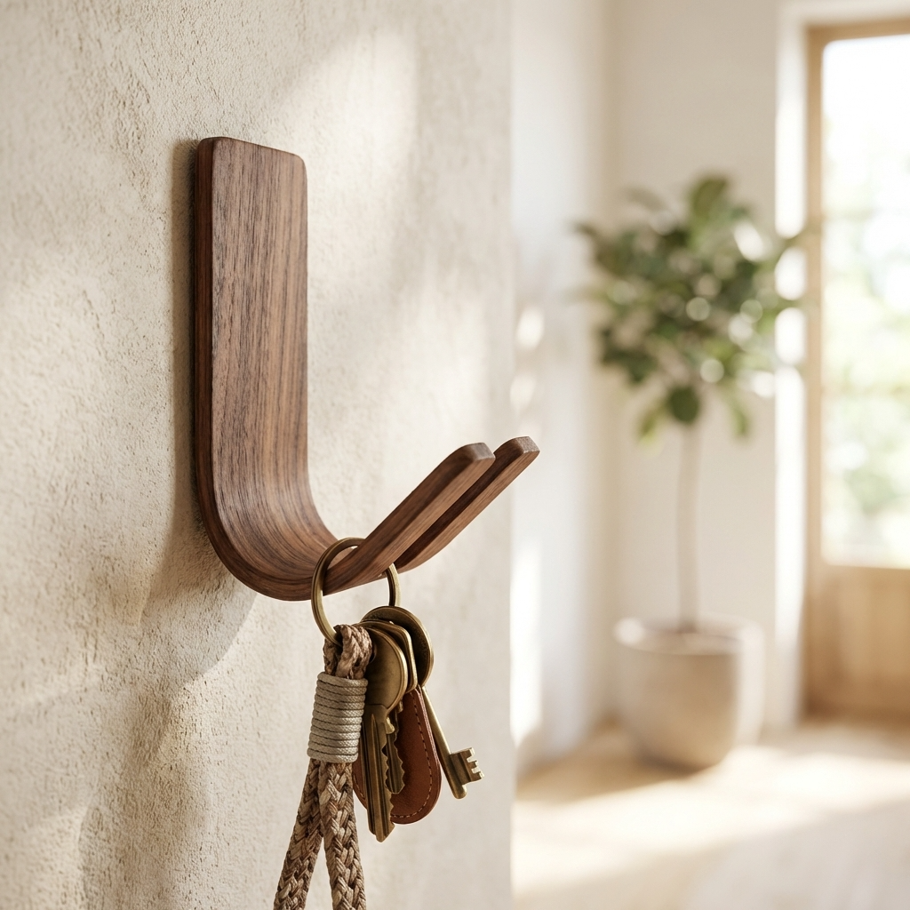 Solid walnut adhesive hook for hallway keys and dog leash organiser