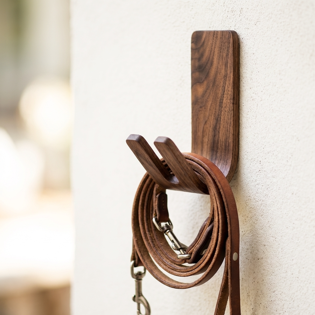 Walnut adhesive key hook for wall minimalist wooden dog lead holder