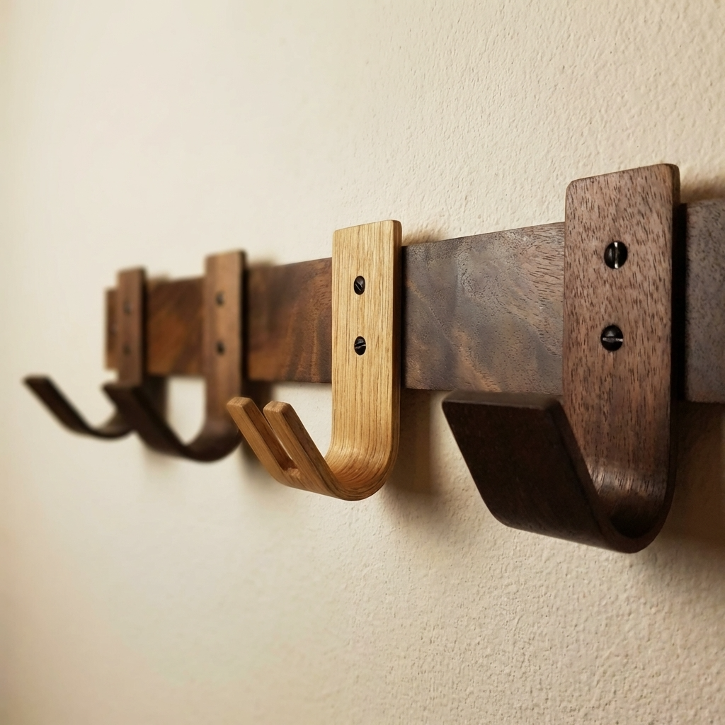 Front view of handcrafted steam-bent walnut coat rack with oak key hook