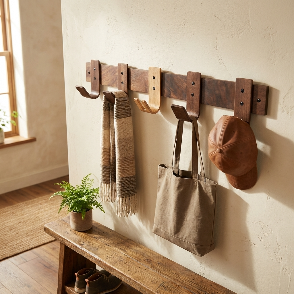 Full view of all five coat hooks and oak key hook