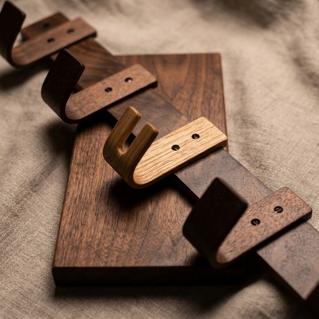 Side view showing curve of steam-bent walnut and oak key hook