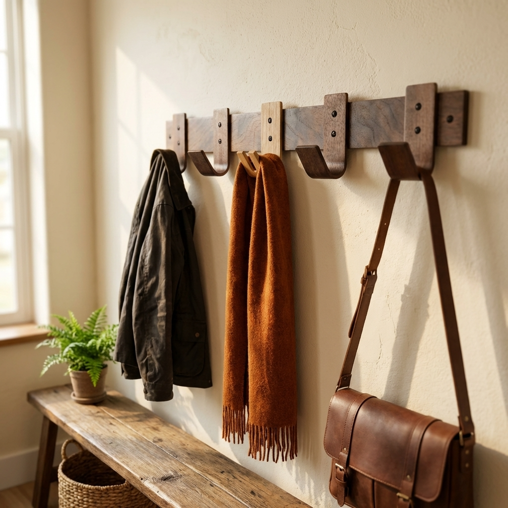 Wall-mounted walnut coat rack with oak key hook in modern interior