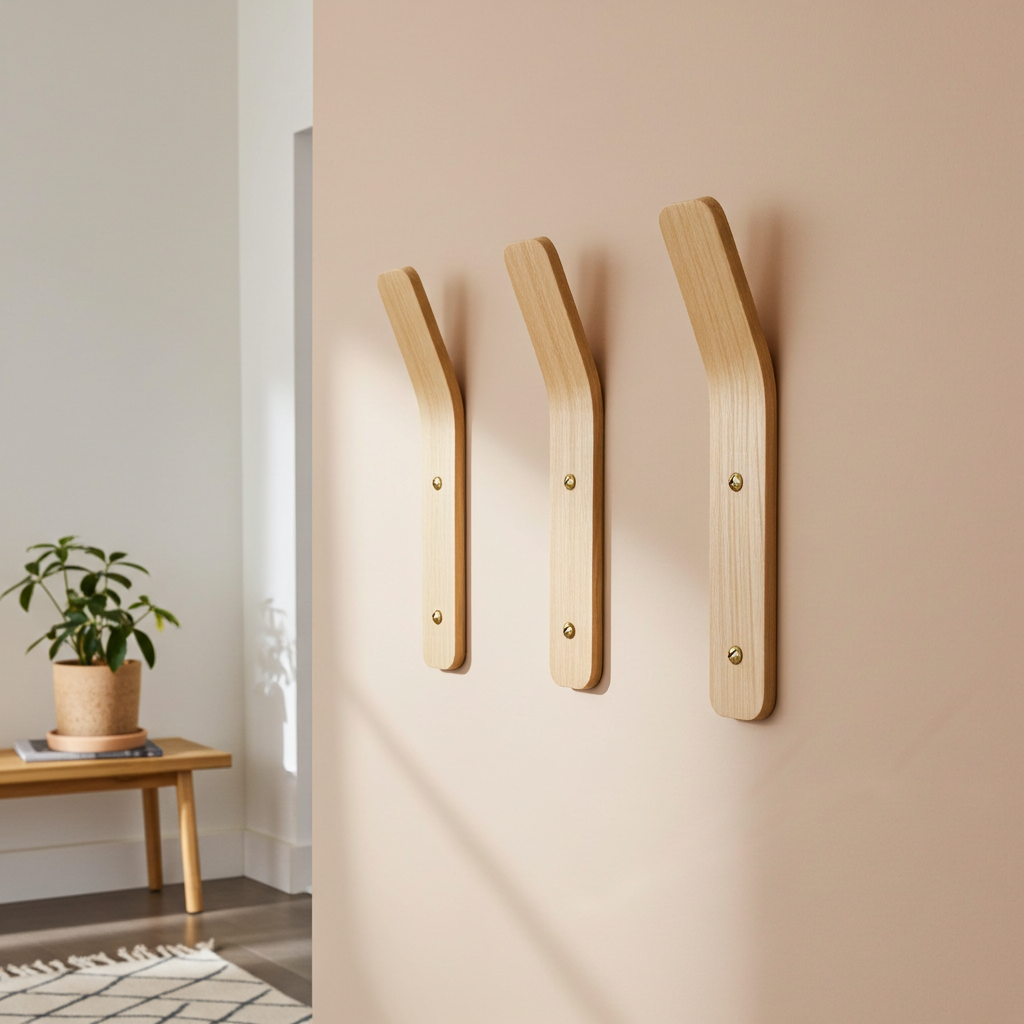Three wooden wall hooks on a beige wall with a plant and small table in the background.